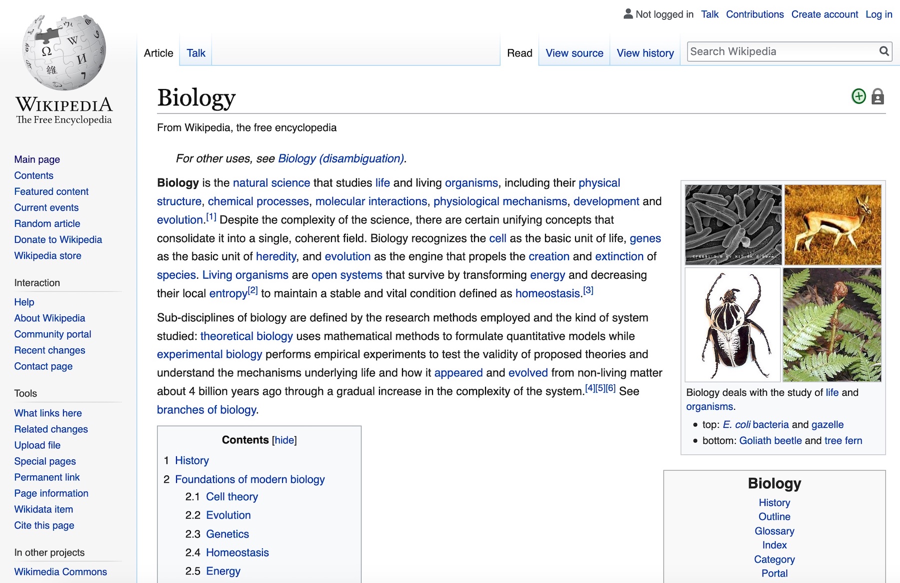 Wikipedia biology entry (2019)